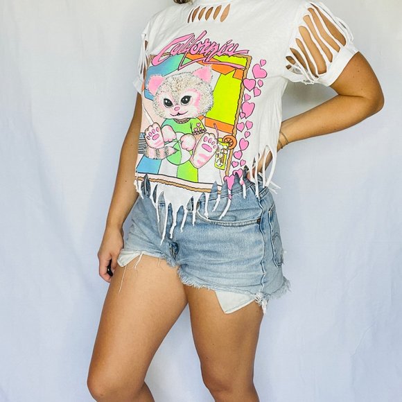 Vintage 90's Neon California Beach Cat Fringe Top Adult Small - Picture 2 of 5